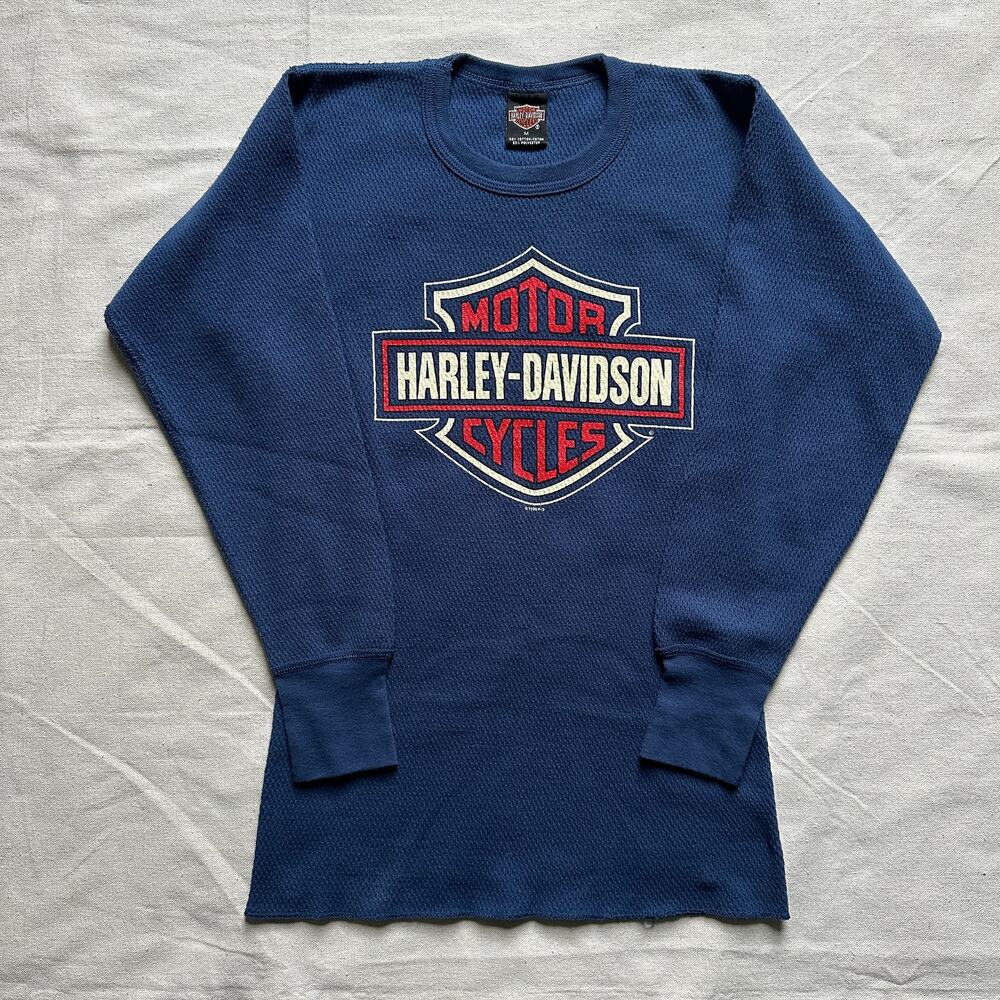 Vintage 1995 Harley Davidson Waffle Knit Thermal Shirt Navy Size Medium Texas